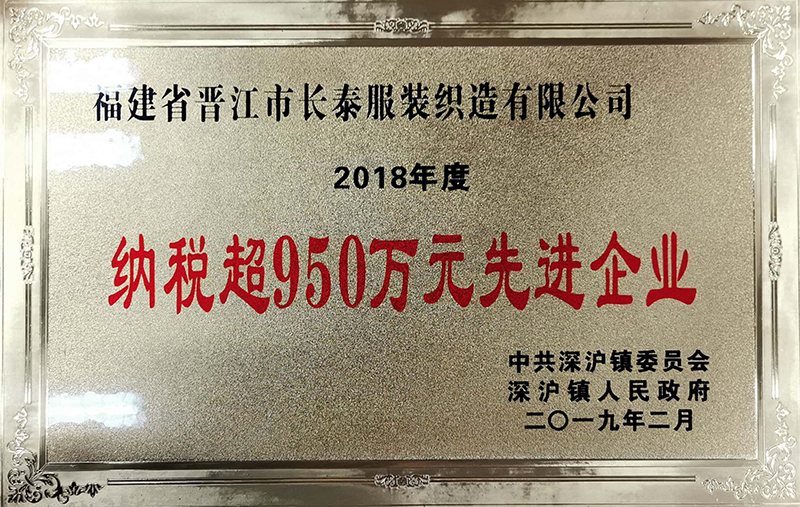 2018年(nián)度納稅超950萬元先進企業(yè)